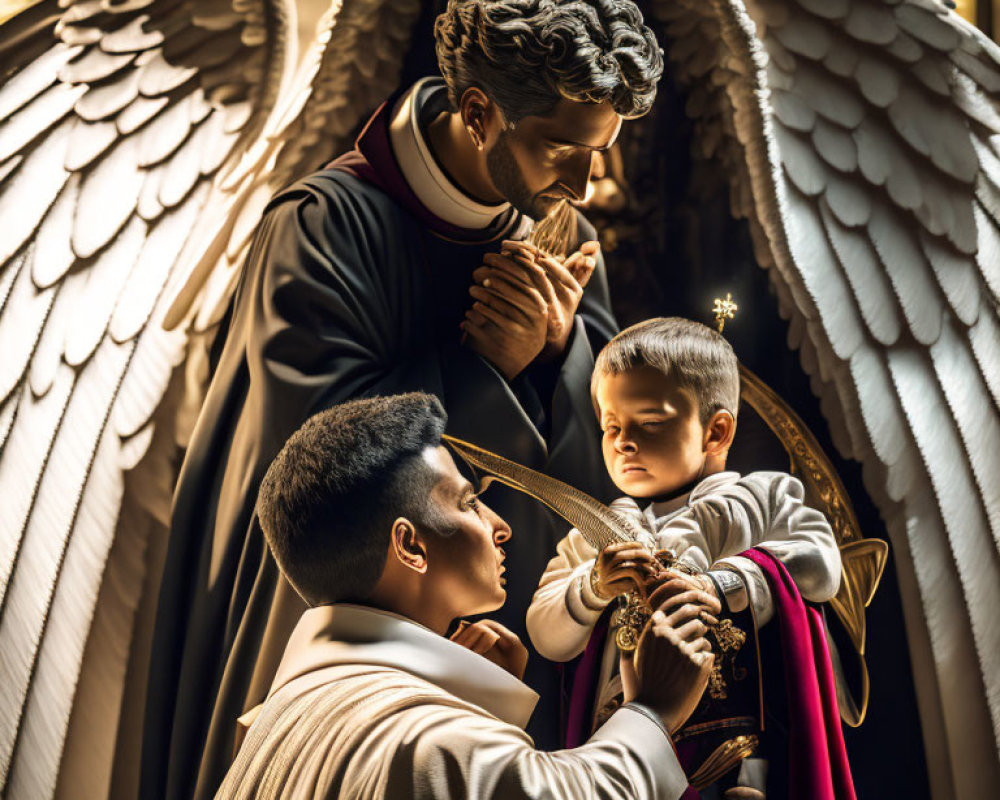 Religious-themed image: Priest blessing child with angel statue in church