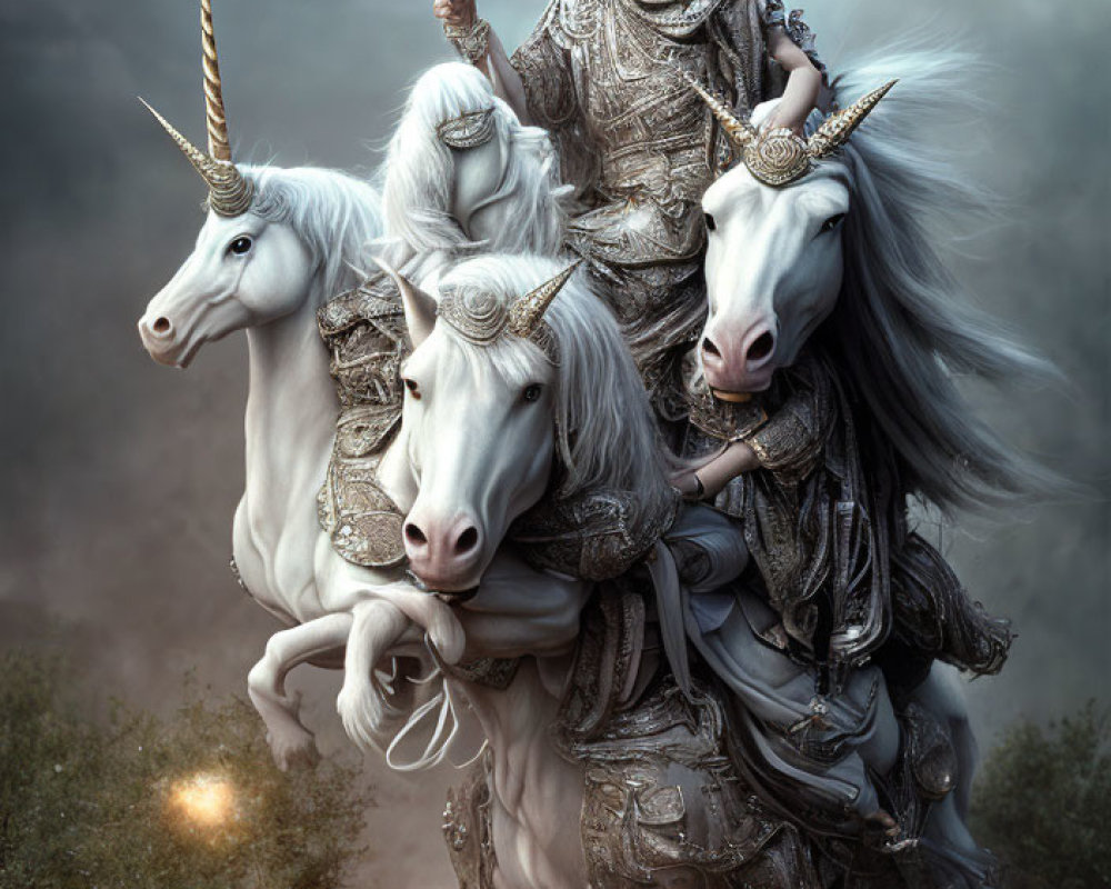 Knight in Ornate Armor Riding White Unicorns in Misty Landscape