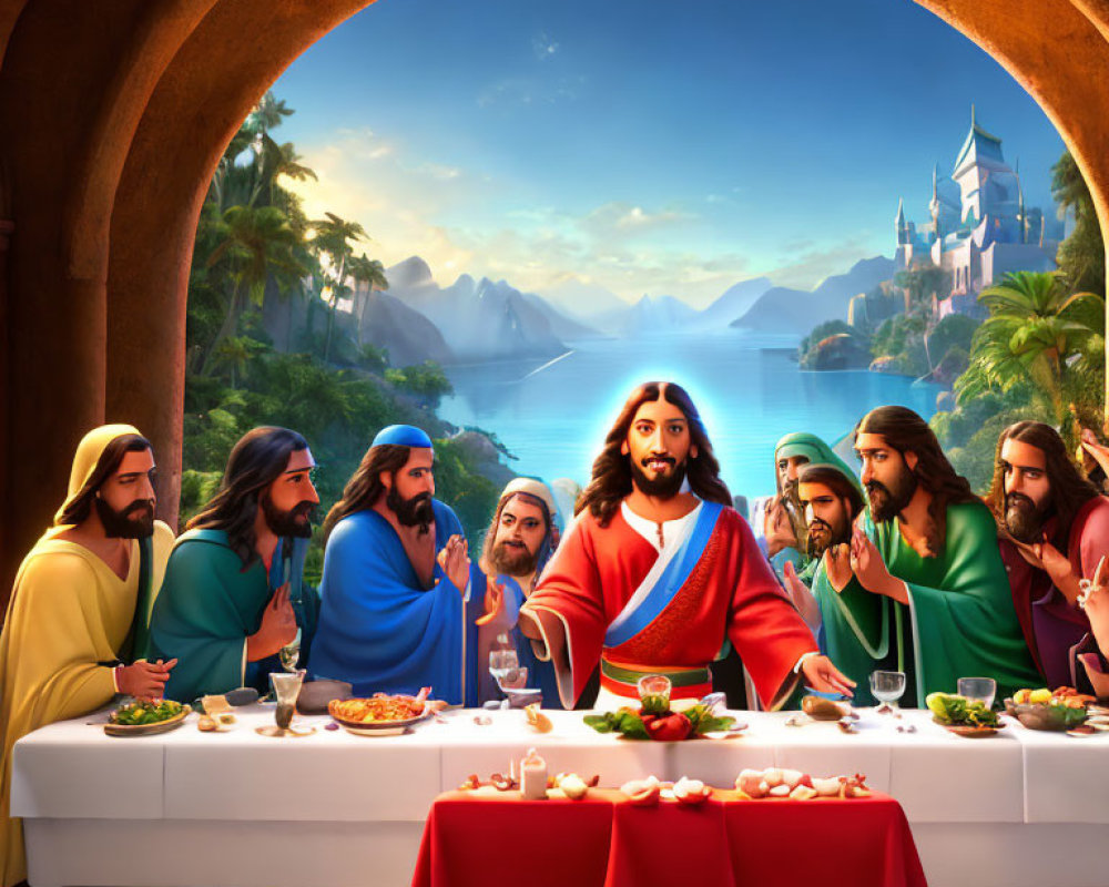 Animated Last Supper scene with Jesus and apostles in archway overlooking coastal castle