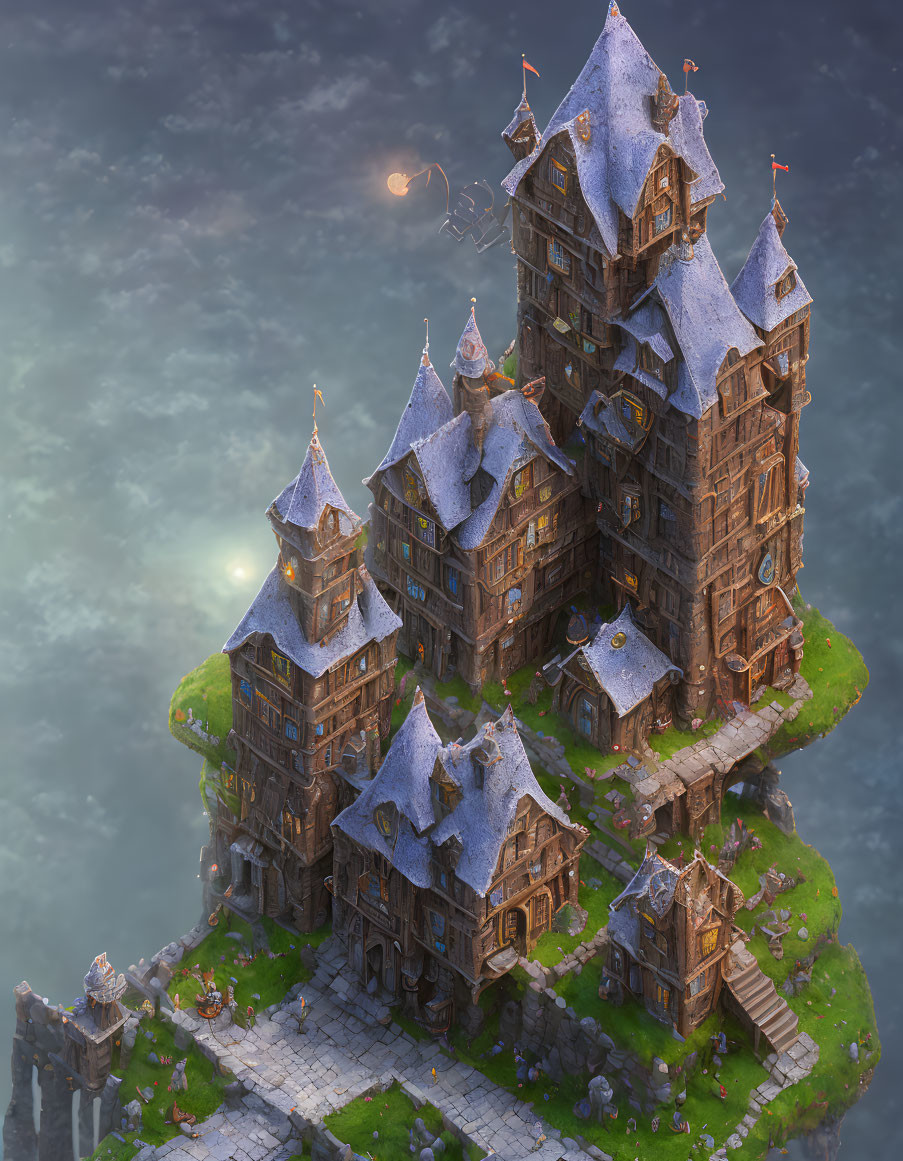 Multi-tiered stone castle on floating island in misty ambiance