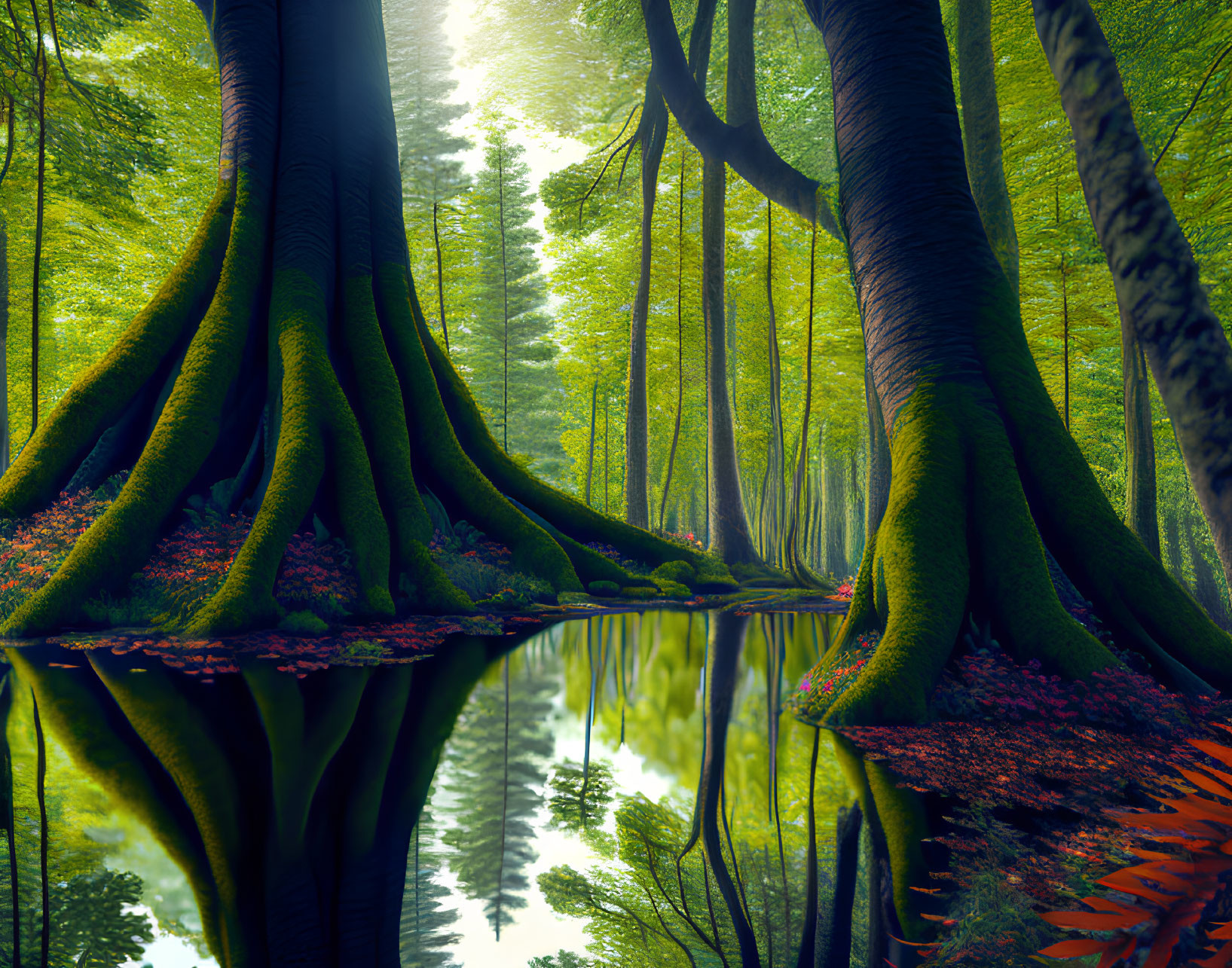 Lush forest with tall trees and serene water under dappled sunlight