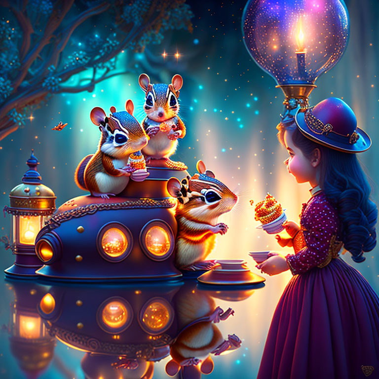 Enchanted animals enjoy cupcakes in magical forest scene