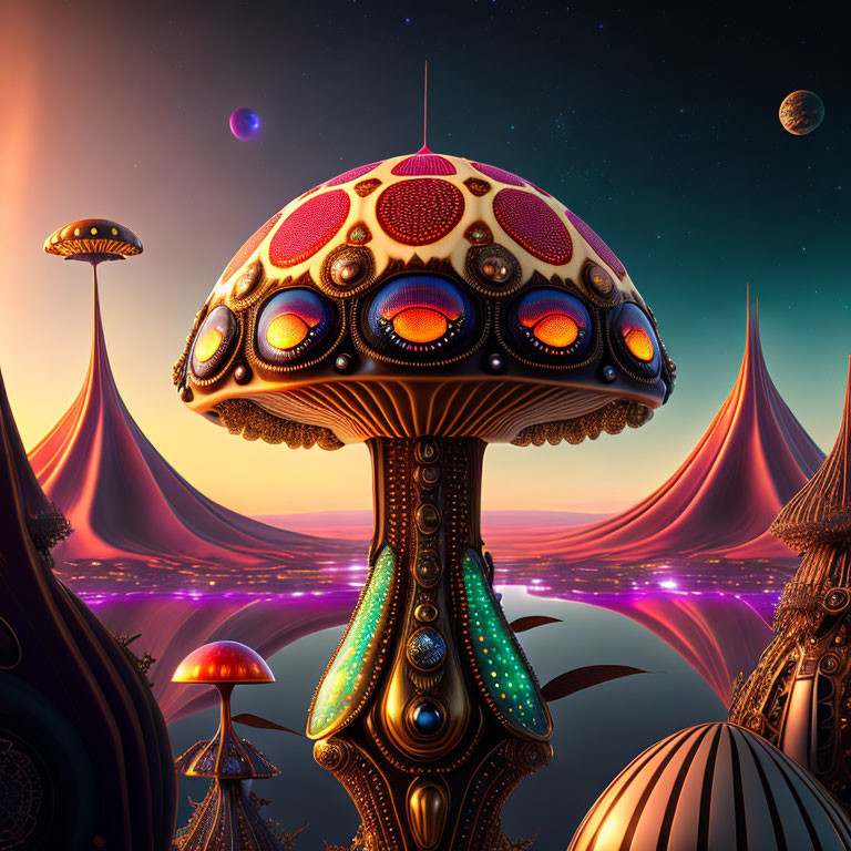 Psychedelic landscape with luminescent mushroom structures at twilight