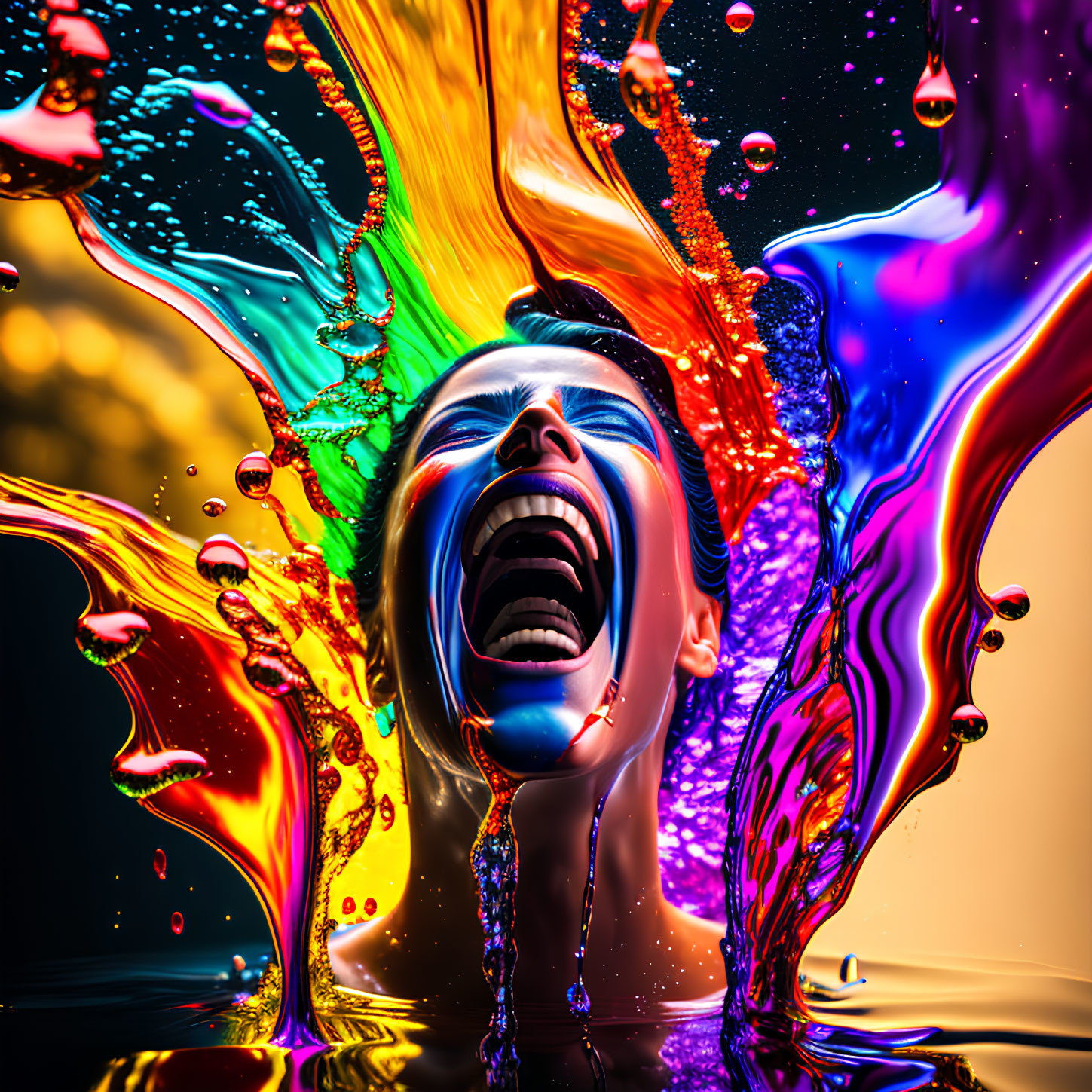 Vibrant liquid splashes around person with open mouth