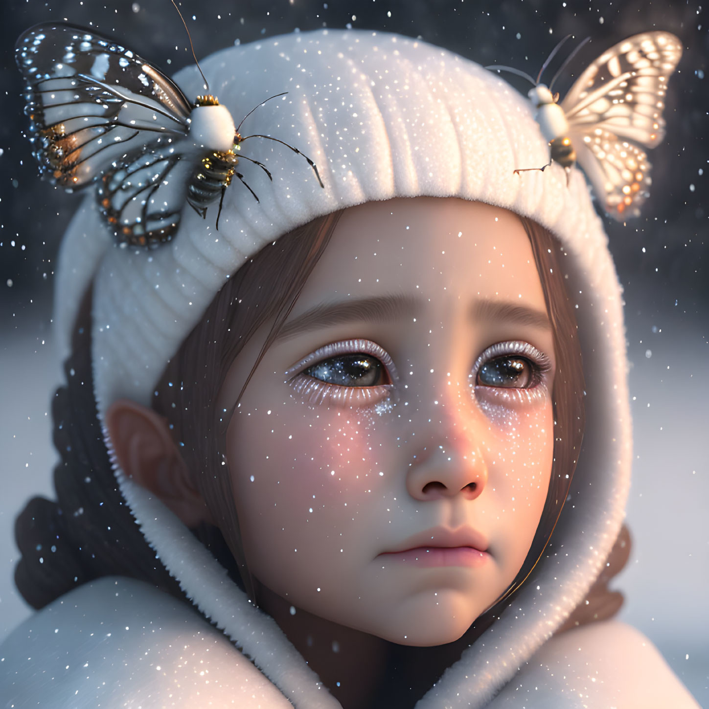 Child in White Winter Hat with Butterflies in Falling Snow