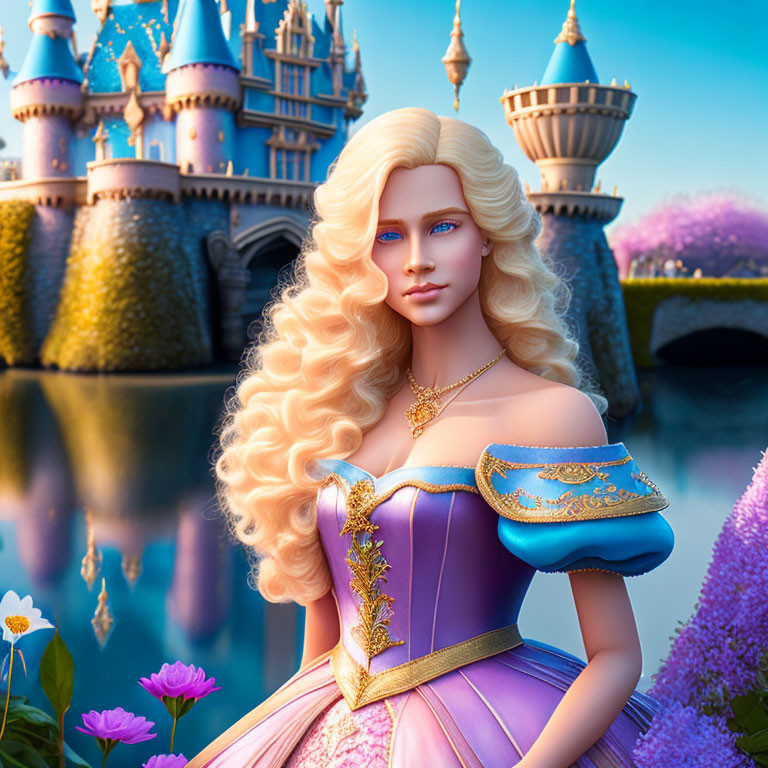 Blonde Female Character in Golden Corset Dress in Fantasy Castle