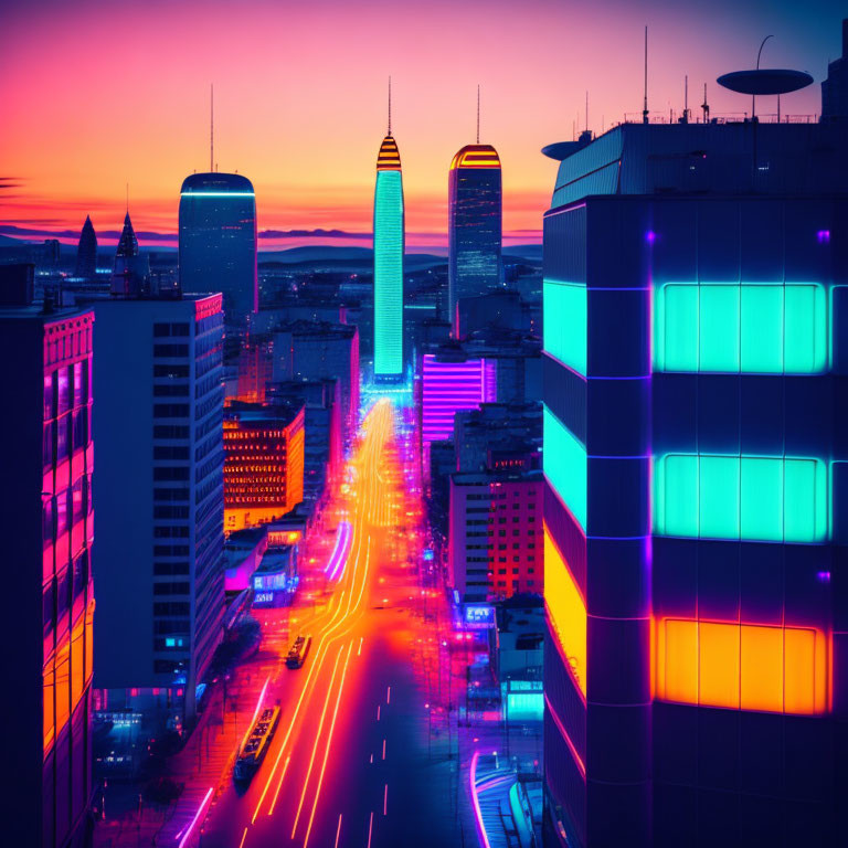 Vibrant cityscape at dusk with neon lights and skyscrapers under colorful sky