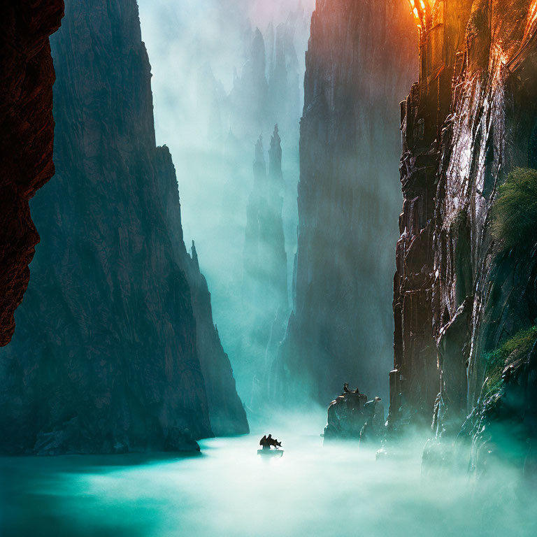 Misty canyon with waterfall, cliffs, and river boat