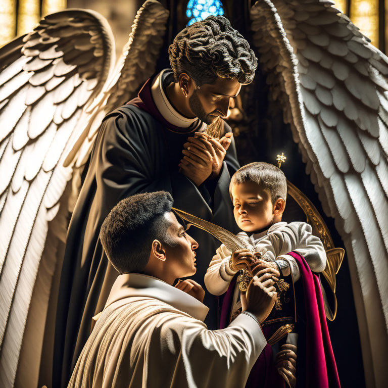 Religious-themed image: Priest blessing child with angel statue in church