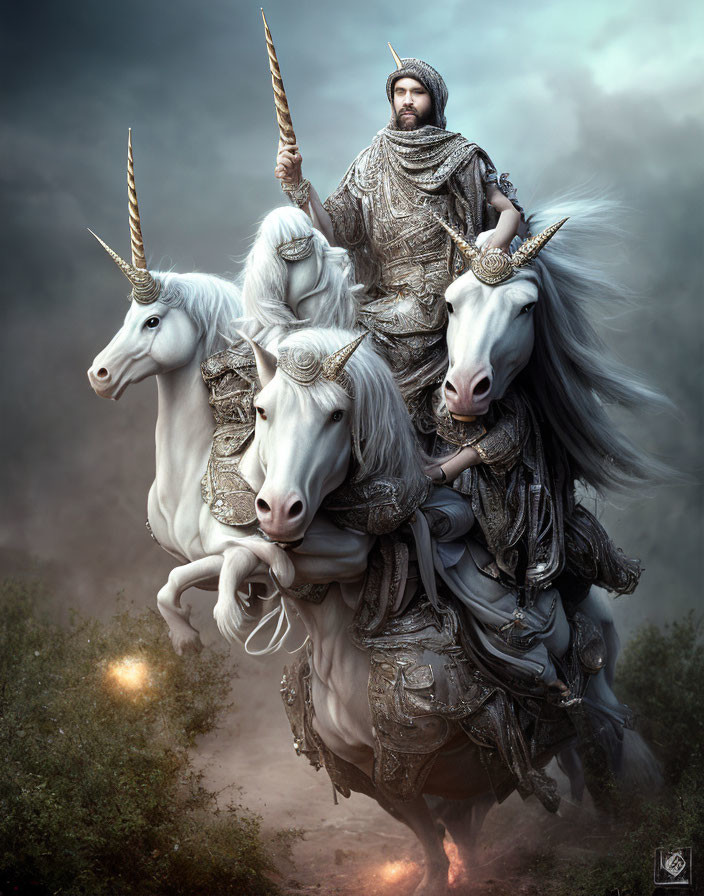 Knight in Ornate Armor Riding White Unicorns in Misty Landscape