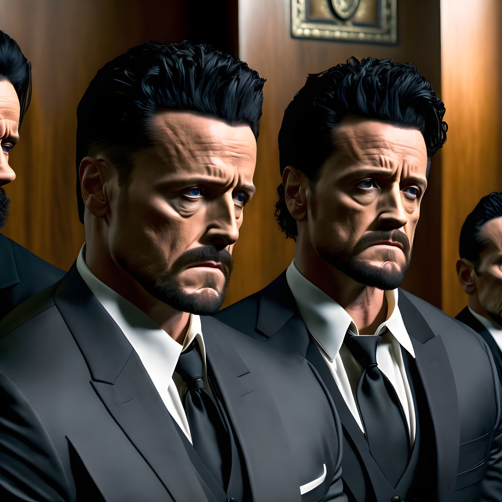 Four Identical Animated Male Figures in Suits Standing in Row