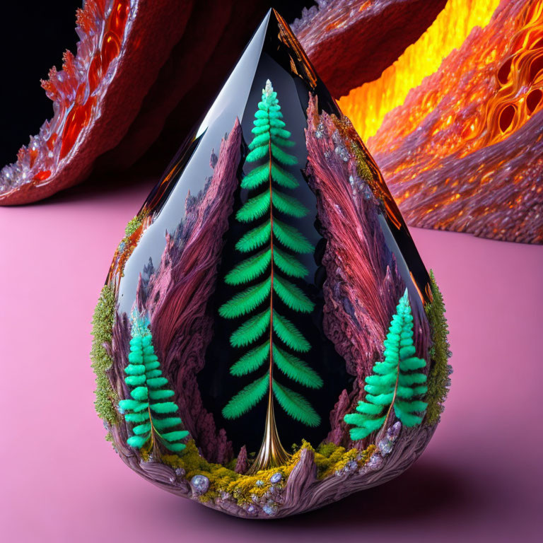 Teardrop-shaped sculpture with green fern-like elements on fiery backdrop