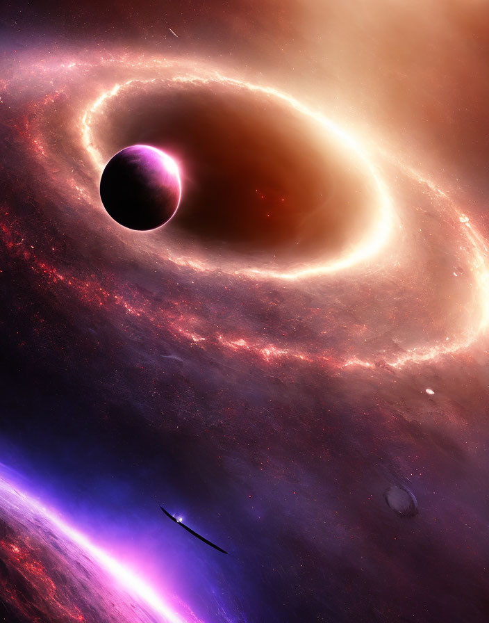 Colorful cosmic scene with black hole, glowing planet, and spaceship in starry expanse