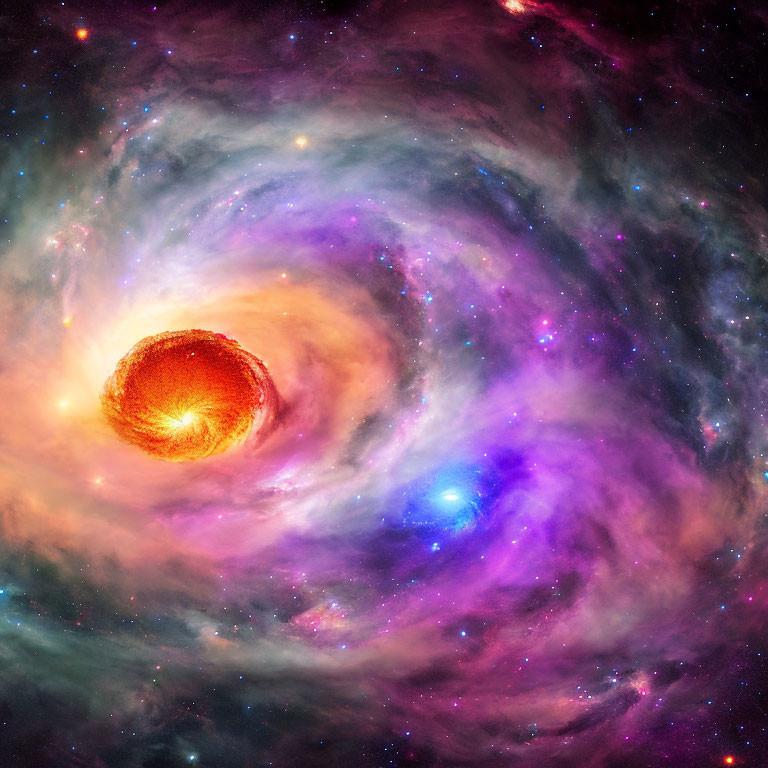 Swirling galaxy with orange star and colorful nebulous clouds