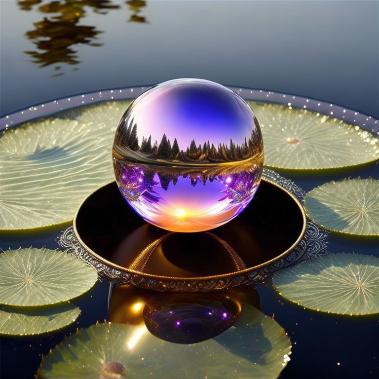 Vibrant crystal ball on mirrored surface with forest reflection and lotus leaves under twilight sky