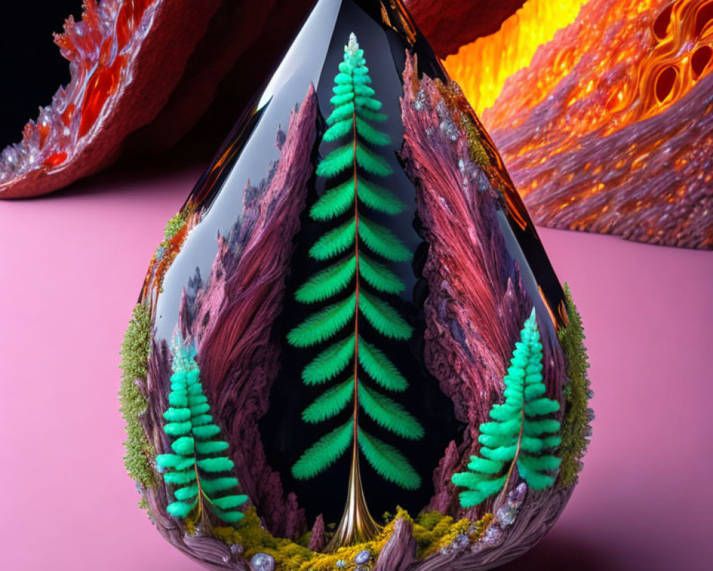 Teardrop-shaped sculpture with green fern-like elements on fiery backdrop