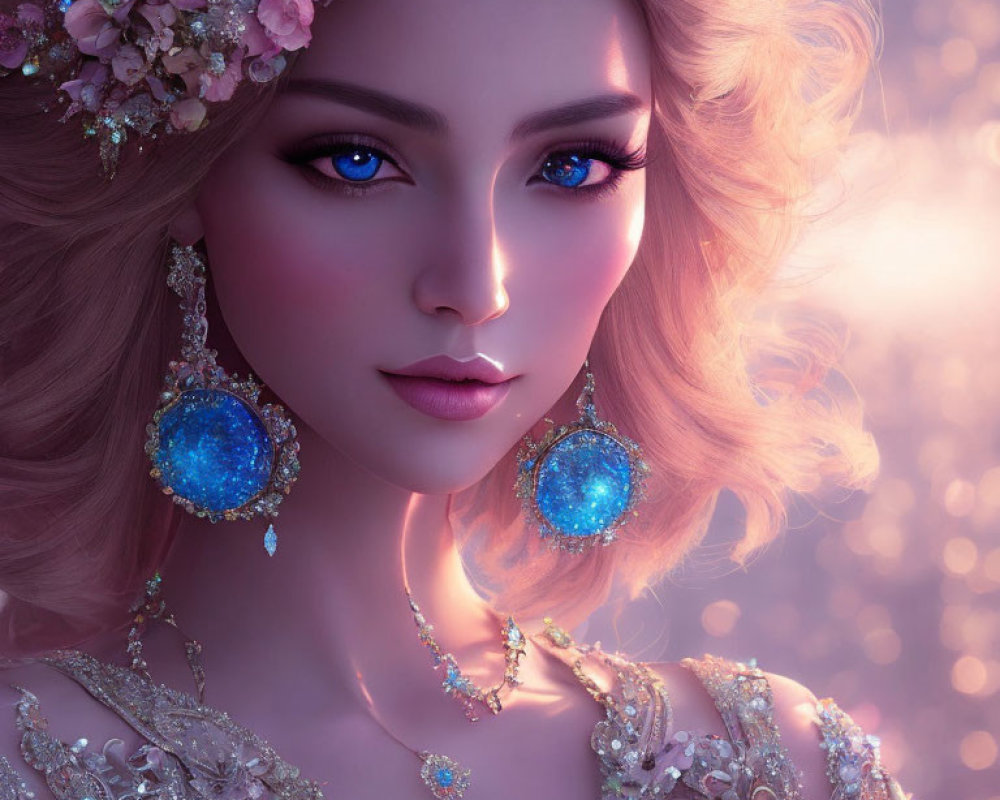 Portrait of woman with floral crown, blue gem earrings, and intricate jewelry on pink bokeh background