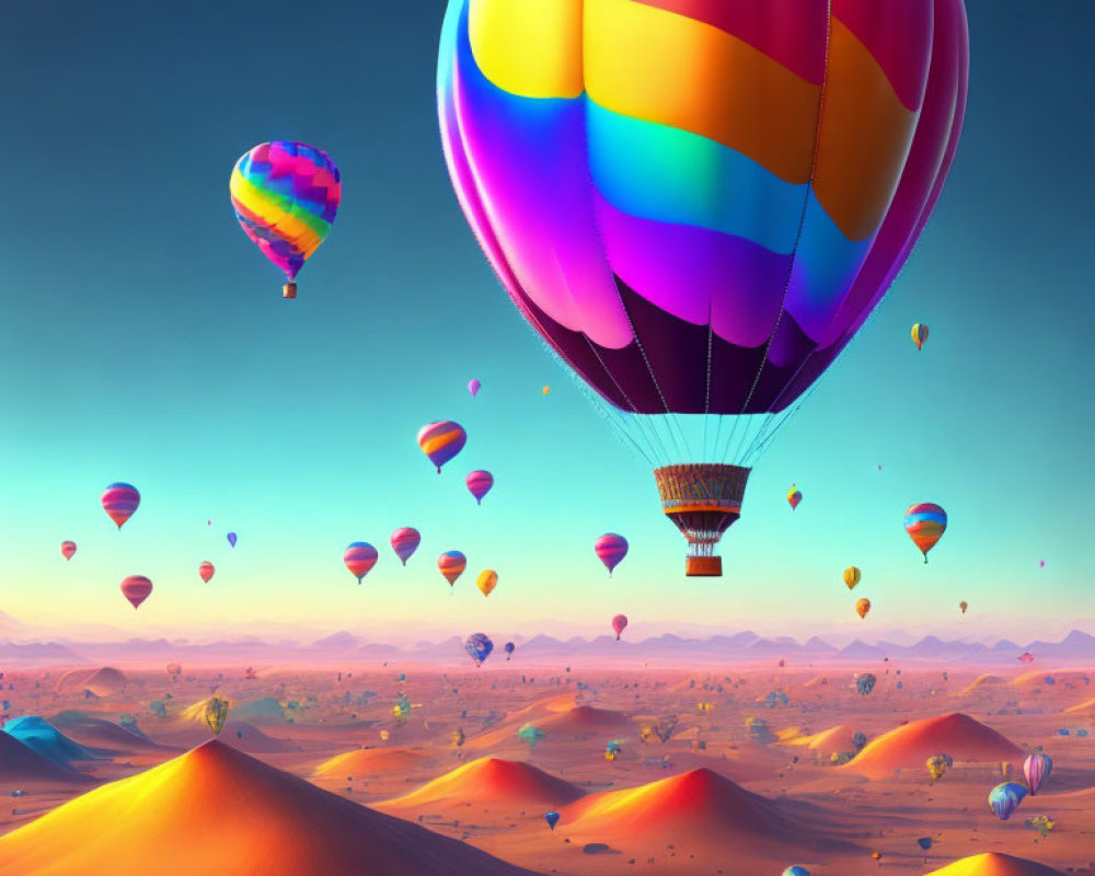 Vibrant hot air balloons over desert sand dunes at dawn or dusk