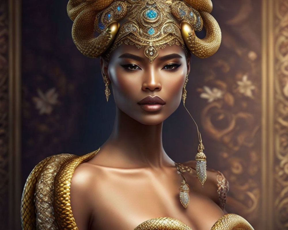 Regal Woman with Golden Snake Headdress and Powerful Gaze