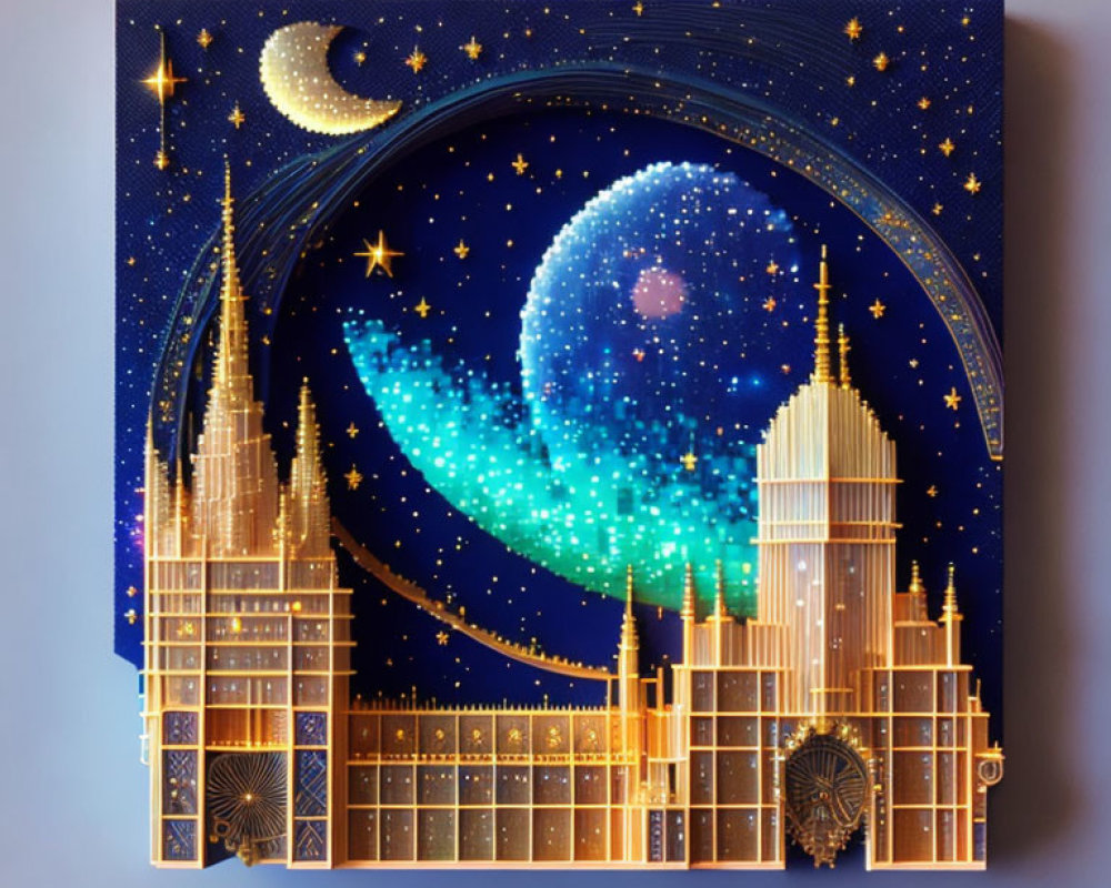 Golden architectural skyline in 3D pop-up book with night sky, stars, crescent moon.