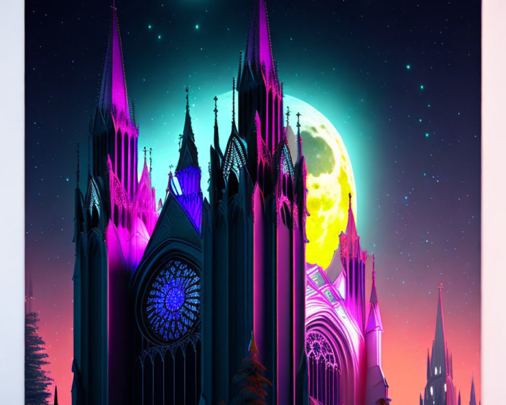 Gothic cathedral silhouette on celestial backdrop with moon and stars