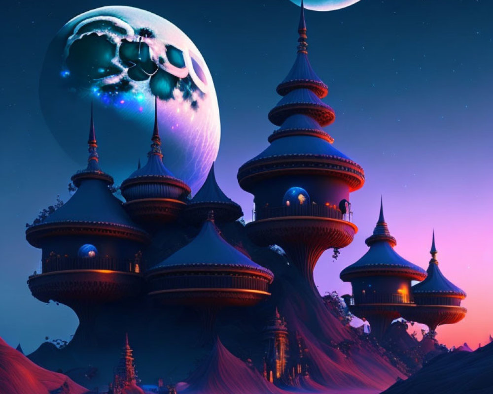 Ornate towers and large moon in fantasy twilight landscape