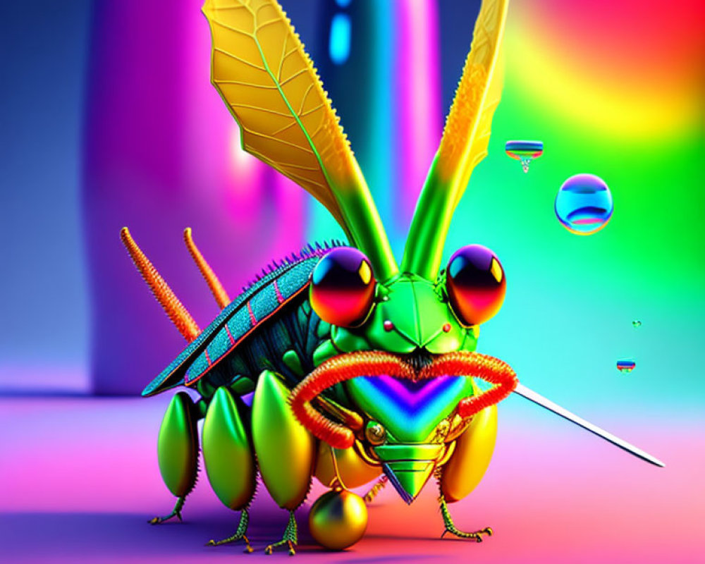 Colorful stylized grasshopper art on neon background