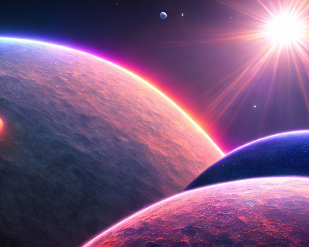 Sunrise over barren planet in vibrant space scene