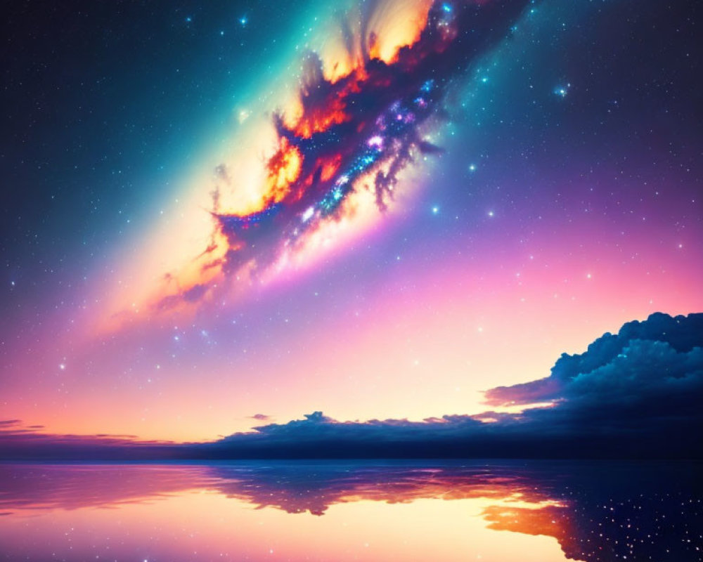 Colorful cosmic scene reflected in serene water