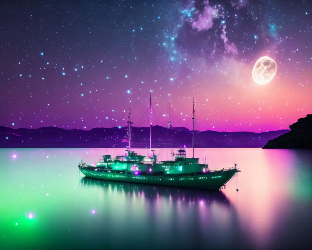 Starry night sailboat scene with full moon on calm waters