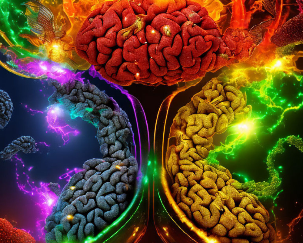 Vibrant Interconnected Glowing Brains on Dark Background