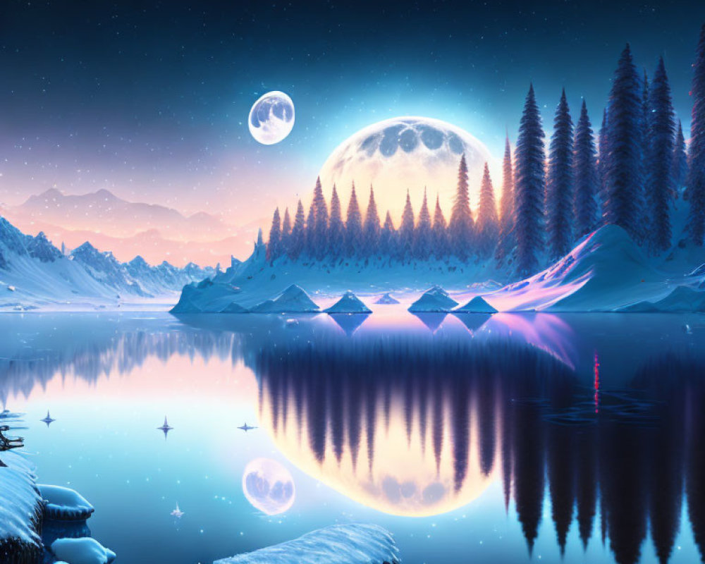 Serene night landscape with moonlit lake and snowy banks