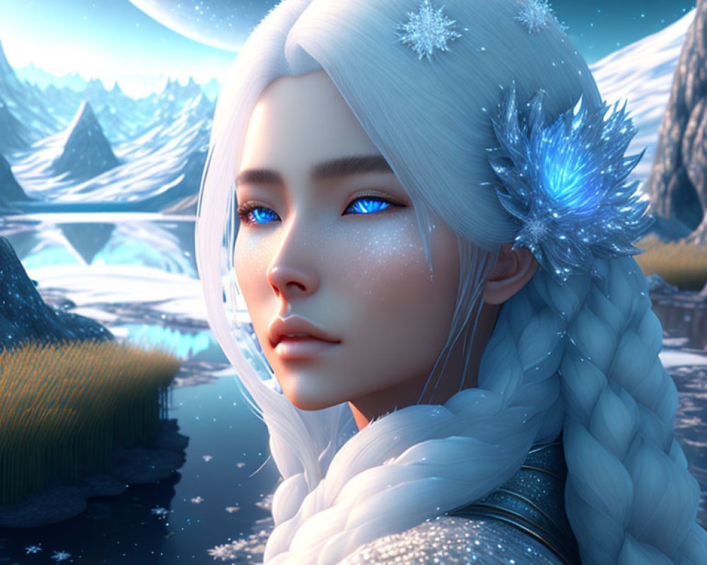 Detailed digital illustration of pale-skinned female with white braided hair, blue eyes, in snowy mountains