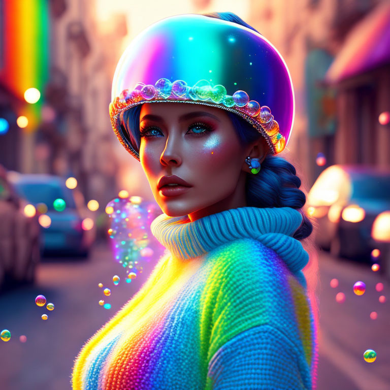 Vibrant makeup woman with shiny helmet in city street bubbles