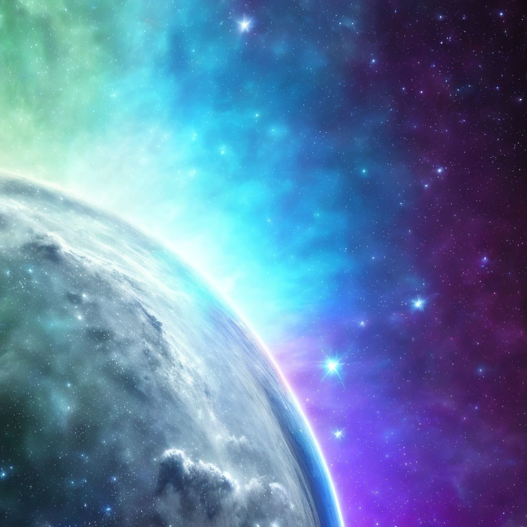 Colorful cosmic scene with cratered celestial body and nebula background