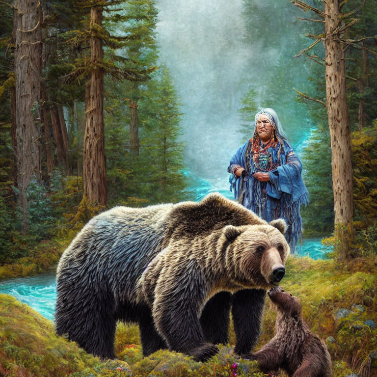 Native American woman in traditional attire with bear and cub in lush forest landscape