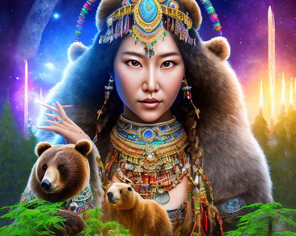 Woman in tribal attire with bear headdress surrounded by bears in mystical forest with neon crystals and crescent