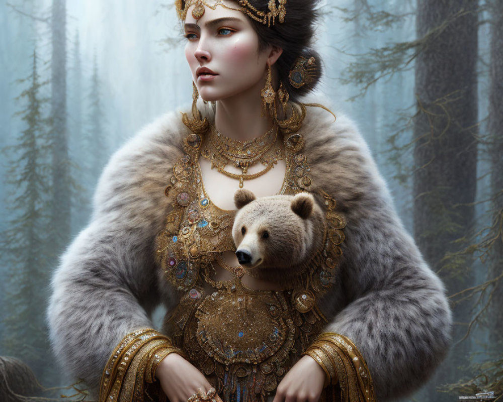 Regal woman with ornate jewelry and bear head fur cloak in misty forest.