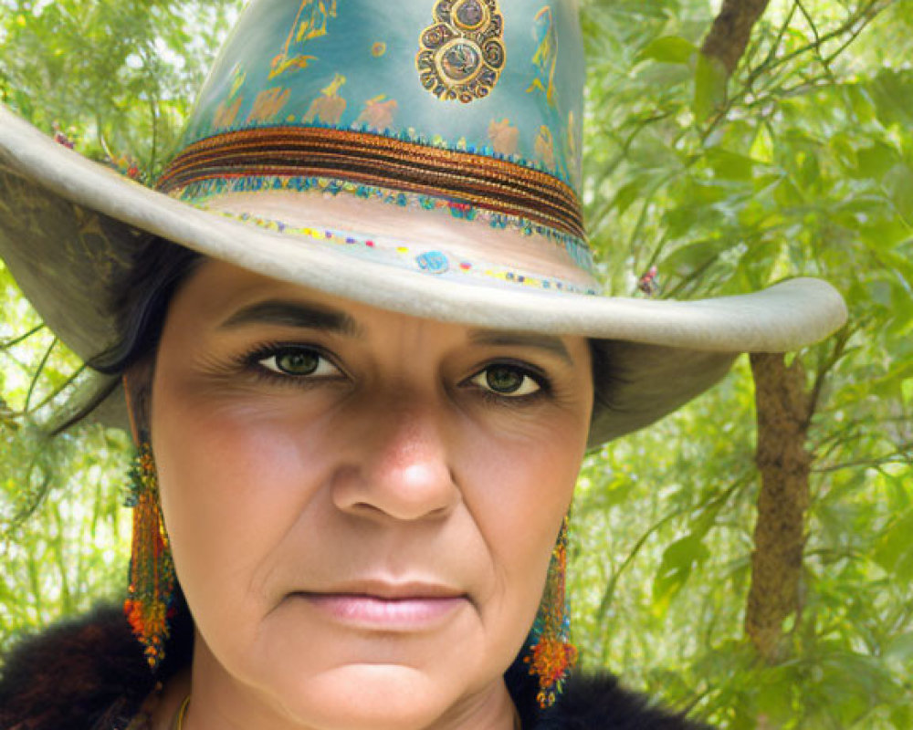 Woman in decorated cowboy hat and fur coat poses in wooded area with intense gaze.