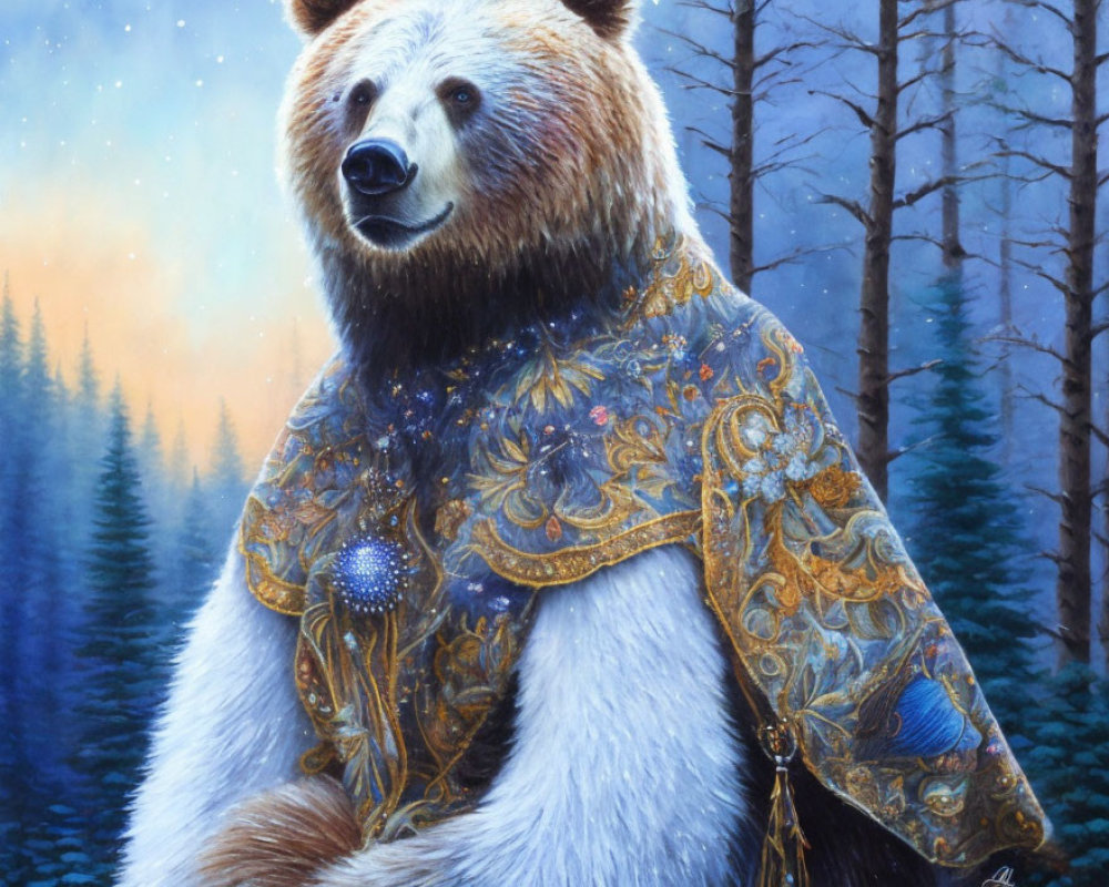 Regal bear in blue and gold-embroidered cloak against twilight forest.