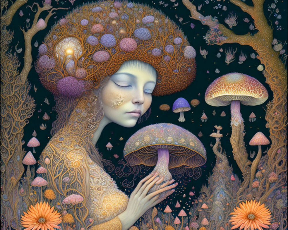 Serene woman with mushroom cap hair in orange and purple forest