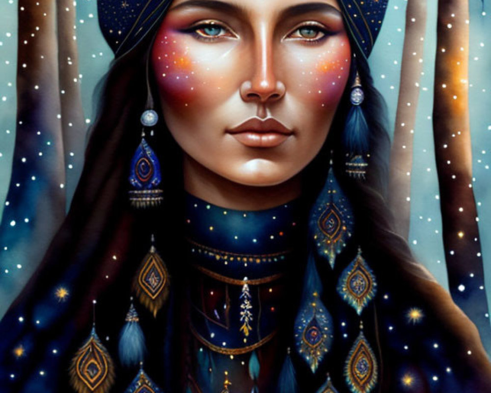 Stylized portrait of woman with cosmic features and starry accessories in snowy night scene