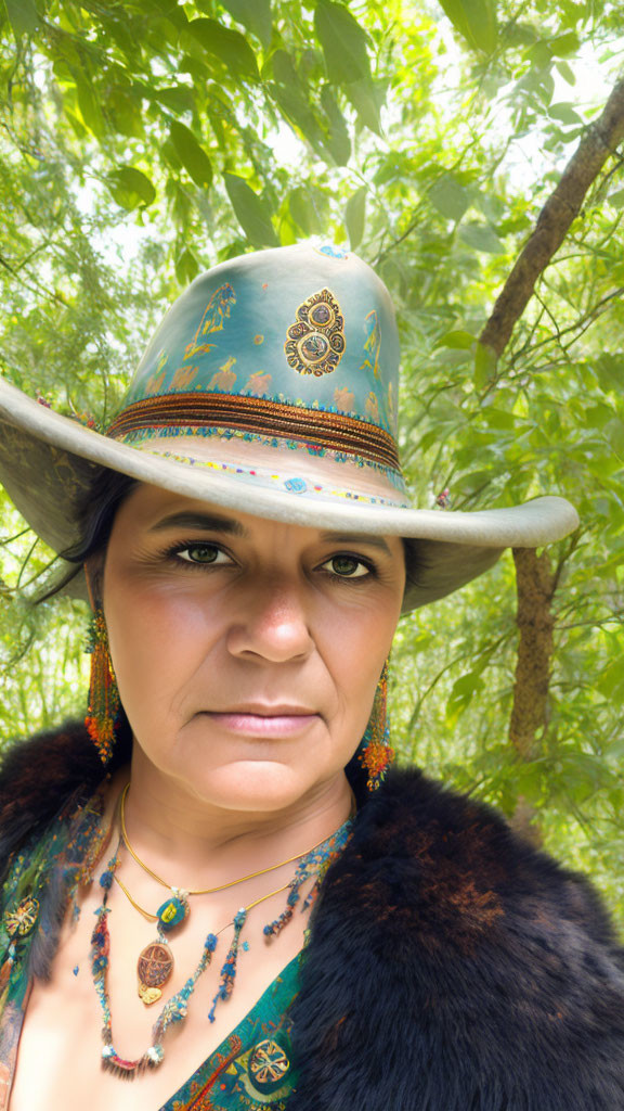 Woman in decorated cowboy hat and fur coat poses in wooded area with intense gaze.