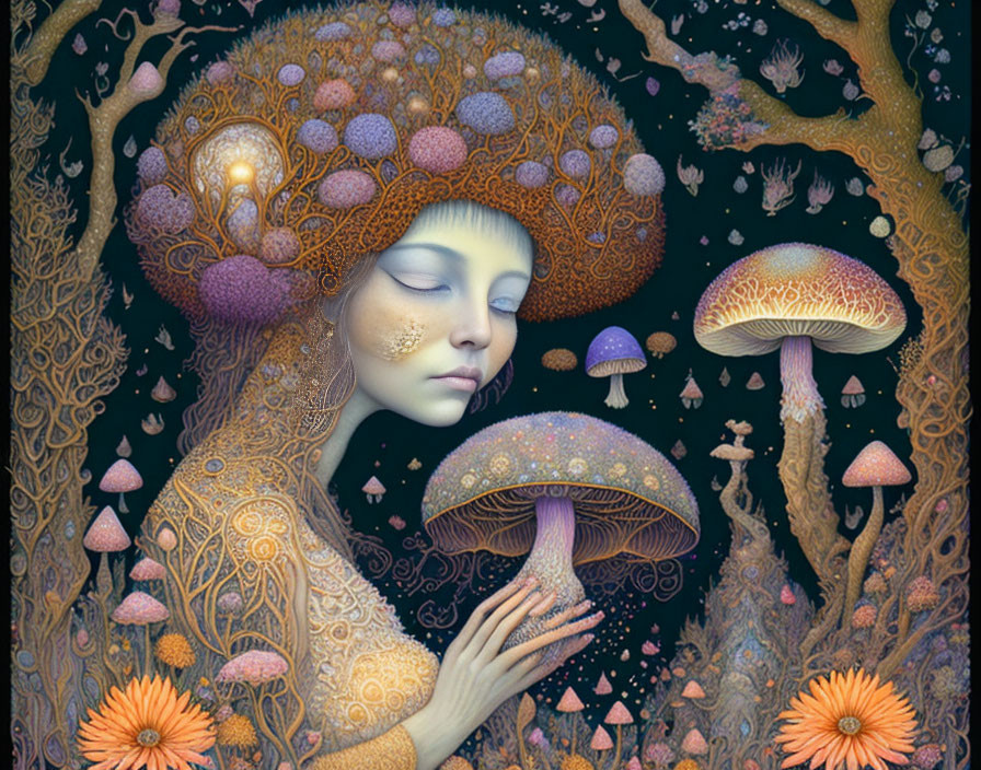 Serene woman with mushroom cap hair in orange and purple forest