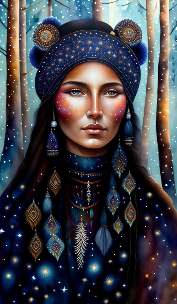 Stylized portrait of woman with cosmic features and starry accessories in snowy night scene