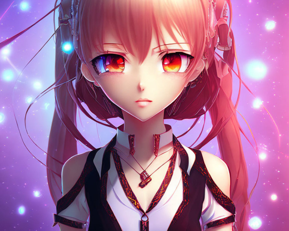 Anime Style Girl with Heterochromatic Eyes in Futuristic Attire on Pink Sparkly Background