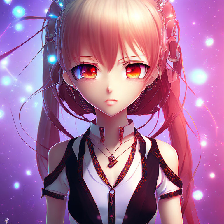 Anime Style Girl with Heterochromatic Eyes in Futuristic Attire on Pink Sparkly Background