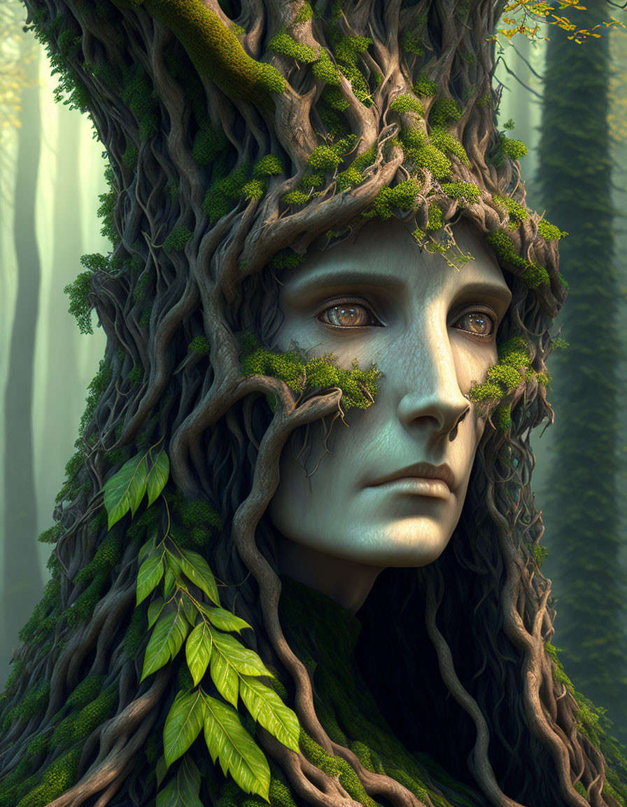 Mystical forest entity with face intertwined in tree roots and foliage