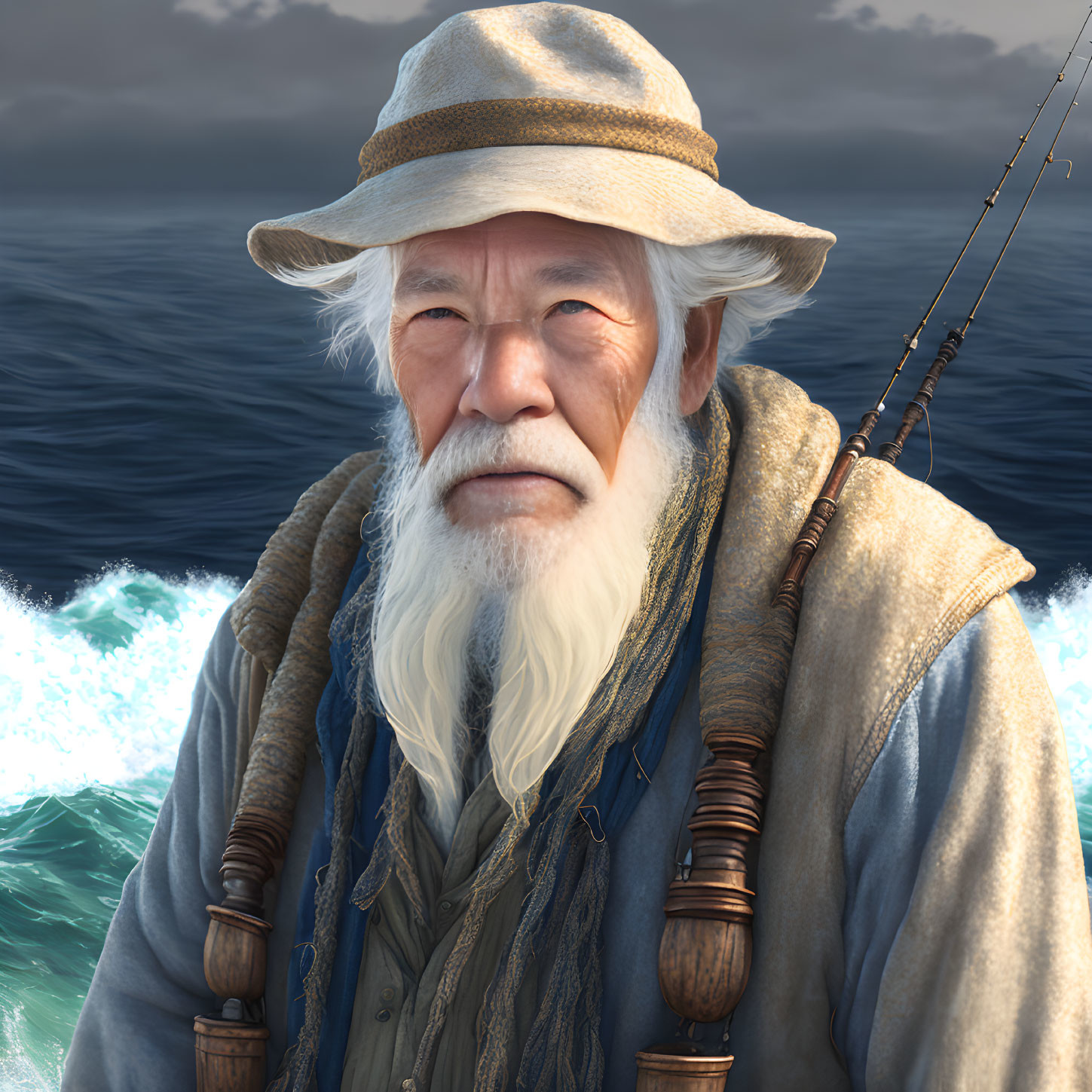 Elderly man with white beard fishing by the ocean