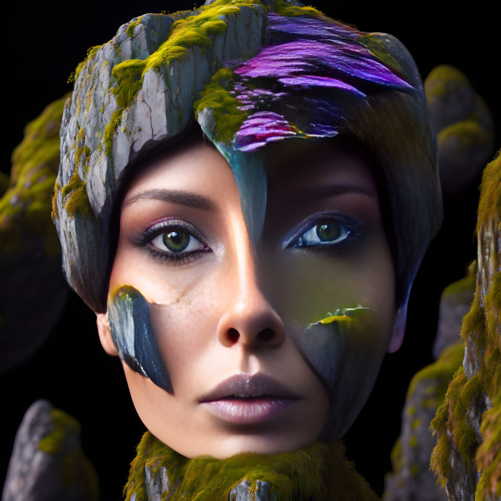 Detailed Close-Up of Woman with Moss-Inspired Makeup Texture